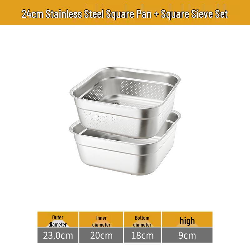 Large 304 Stainless Steel Colander with Lid - Square Vegetable Washing and Oil Draining Basin