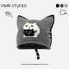 Korean retro jacquard gray cat knitted hat women's autumn and winter 2025 new face small wool hat bag head hat