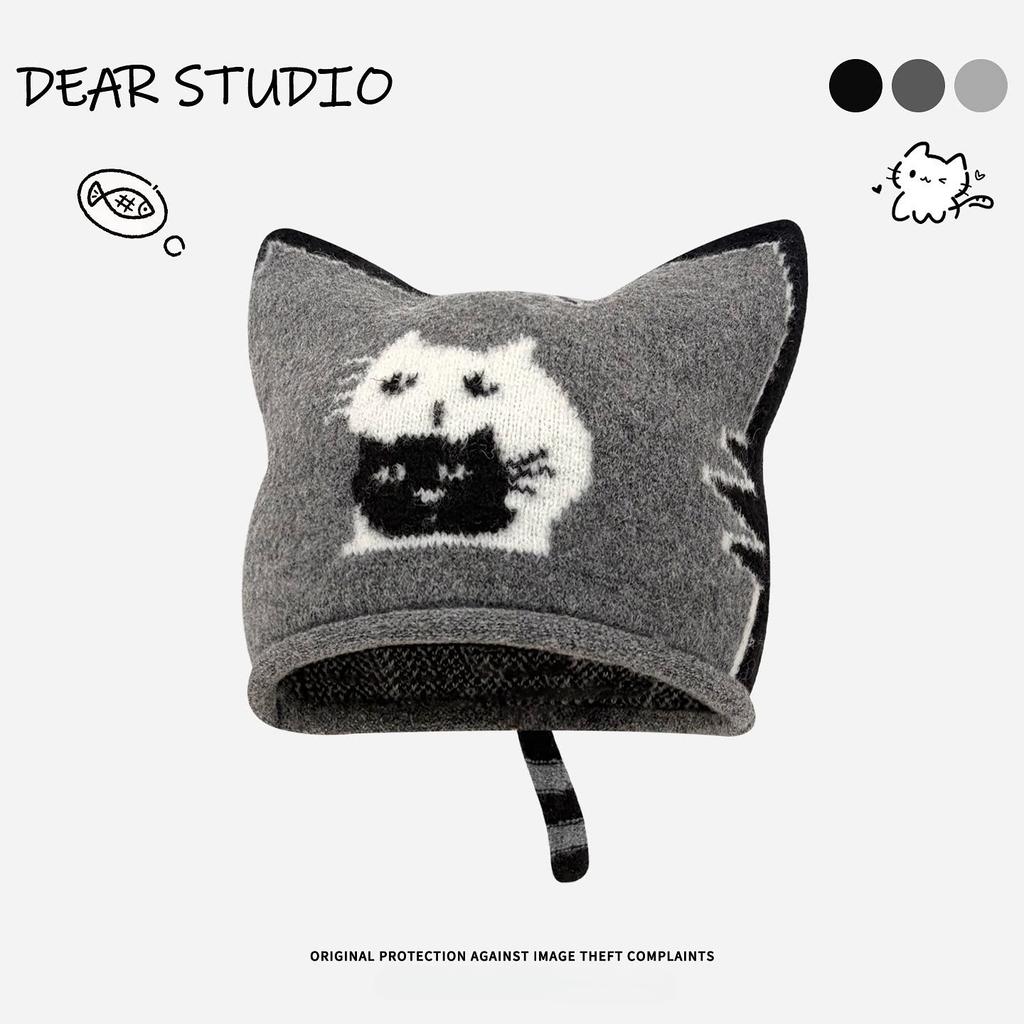 Korean retro jacquard gray cat knitted hat women's autumn and winter 2025 new face small wool hat bag head hat