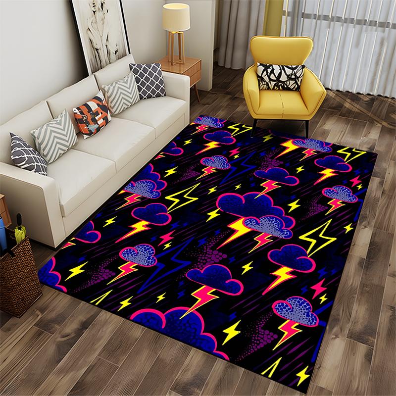Colorful Lightning and Cloud Pattern Carpet, Dark Psychedelic Style Decor Suitable for use as an anti-slip for living room bedroom sofas