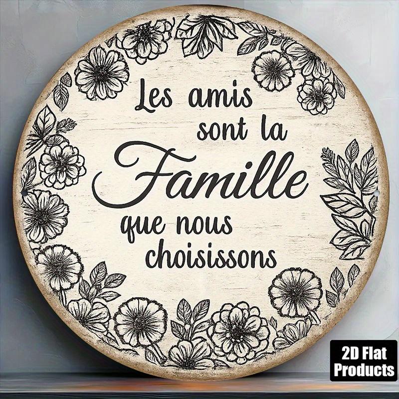 Tin Sign Vintage Durable Metal Plaque Wall Decor French Quote Les Amis Sont La Famille Floral Home Office Bar Man Cave Wall A 20x20cm(8x8inch)