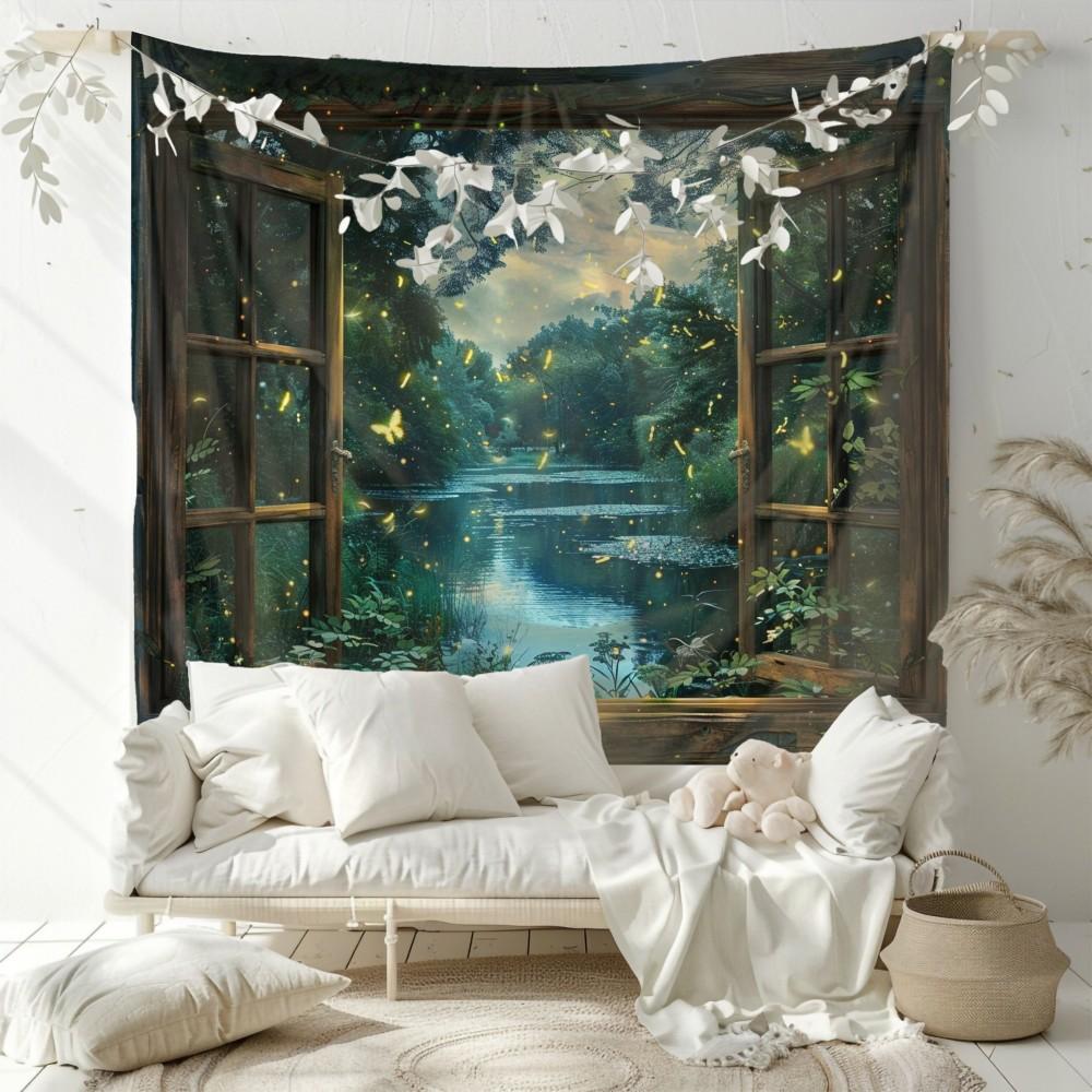 Forest Firefly Window Landscape Tapestry Forest Lake View Hanging Cloth Living Room Background Cloth Room Decoration