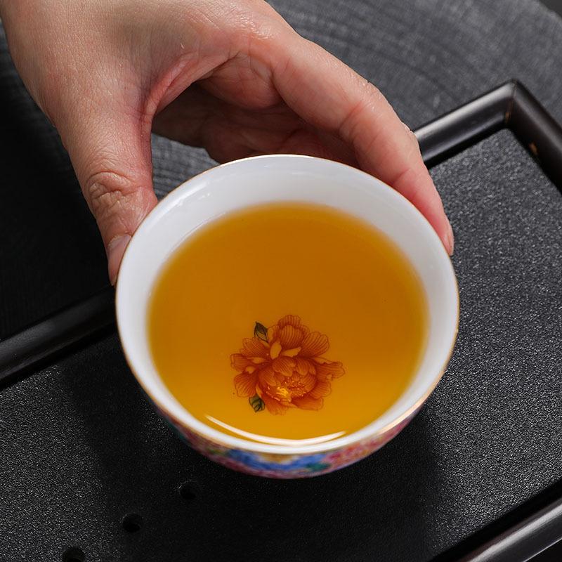 Enamel Master Cup Ceramic Tea Cup Gold-Plated Palace Style Tea Bowl Carved Kung Fu Tasting Cup Large Single Cup Tea Bowl