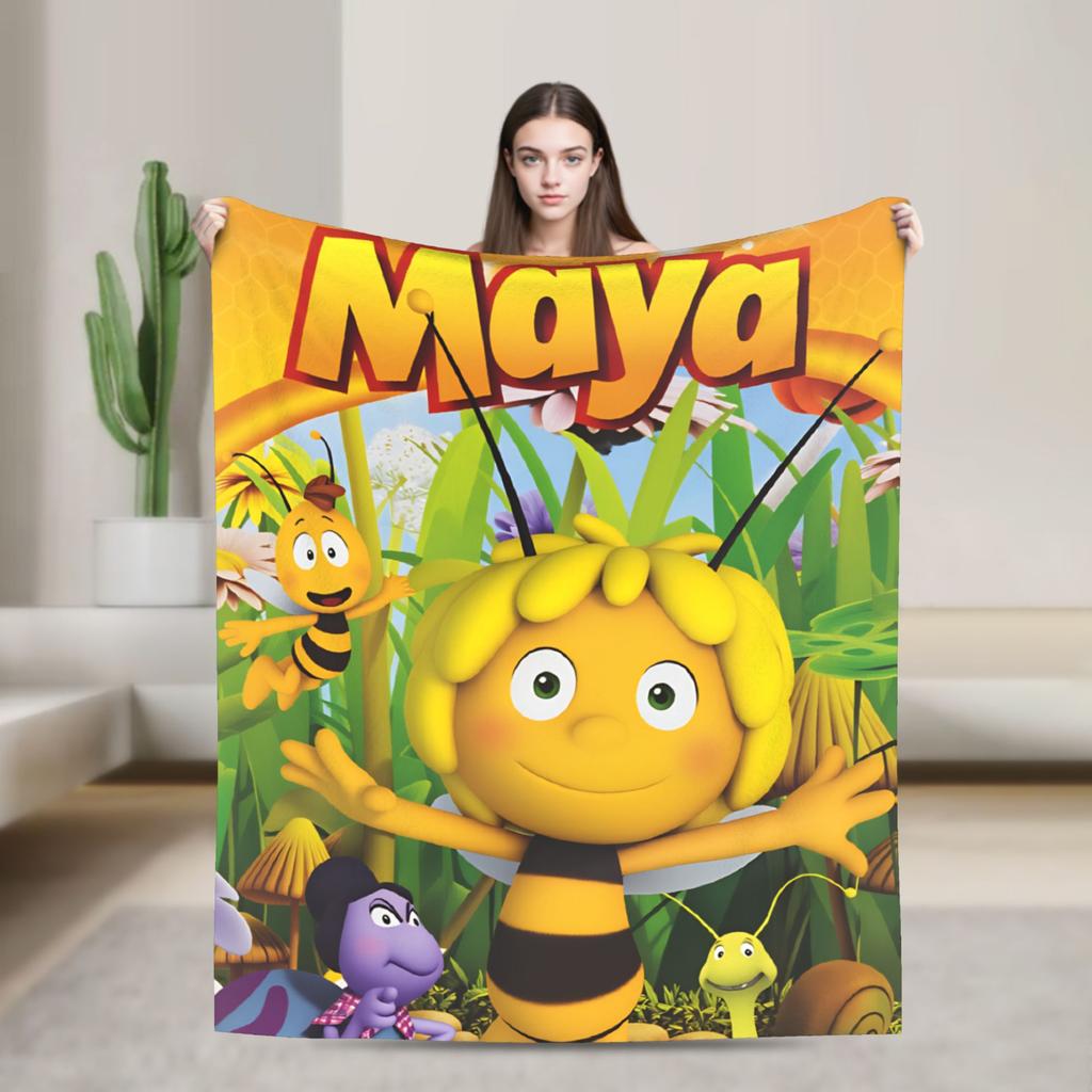 Maya The Bee With Flowers Blanket Cartoon Soft Comfortable Plush Throw Blanket For Couch Bed Camping Flannel Bedspread Bed Cover