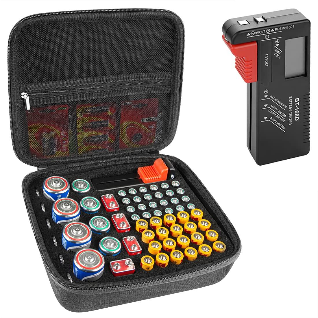 

Linkidea Hard Storage Container Organizer Box with Tester Secure Portable Case Holder Includes 63 AA AAA 9V C D Testers BT-168, -