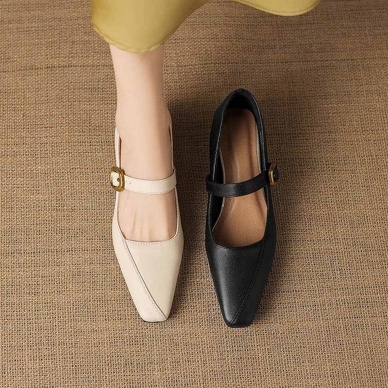 Krazing Pot Microfiber Square Toe Thick Med Heels Spring Summer Shoes Big Size 43 Metal Buckle Women Office Lady Pumps