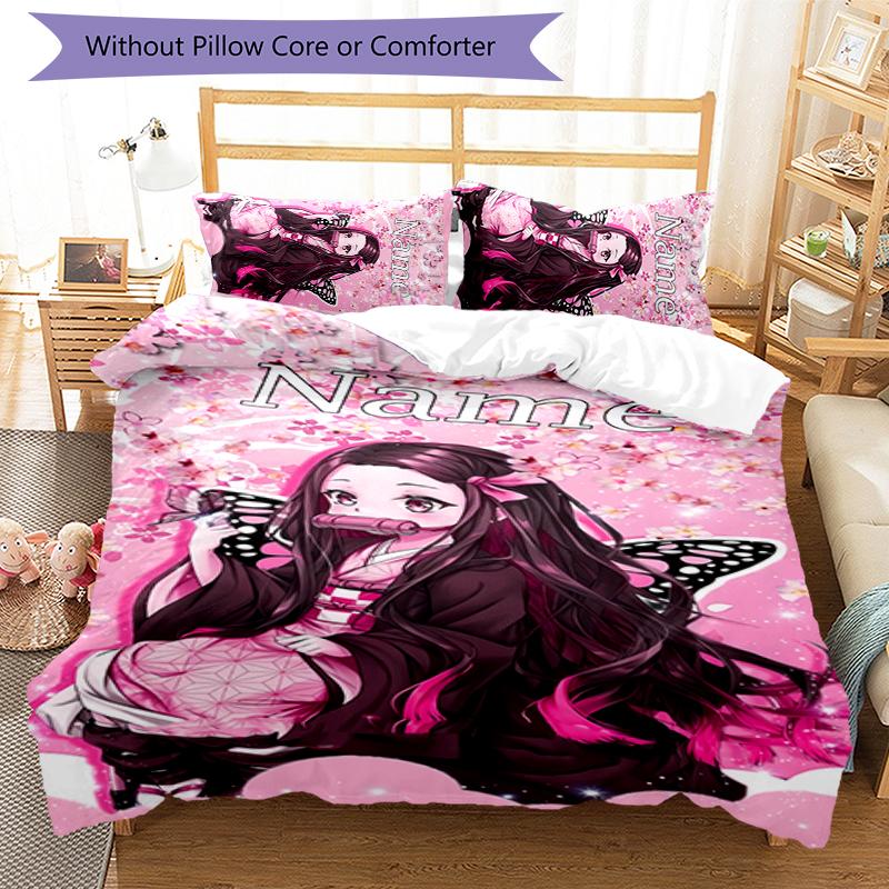 3pcs Custom Name Demon Slayer Nezuko Bedding Set Duvet Cover Closure Includes 1 Duvet Cover & 2 Pillowcases for All Seasons Bedroom Decor