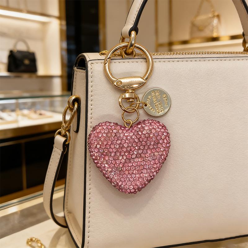 Bling Bling Pink Heart Crystal Rhinestone Soft Clay Keychain for Women, Cute Fashion Bag Charm & Key Ring Pendant for Purse Keys