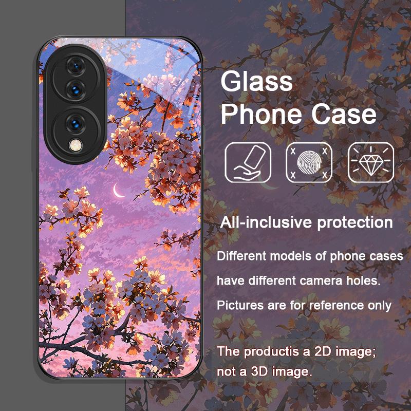 Moon Cherry Blossom Pattern Scenery Tempered Glass Phone Case for Huawei Nova 13 12 11 10 SE Mate 70 60 Pro Plus P60 P40 Covers