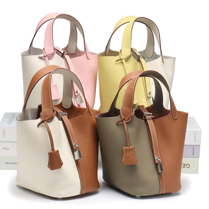 New leather first layer lychee pattern cowhide color matching vegetable basket women's bag fashion hand bag handbag bucket bag
