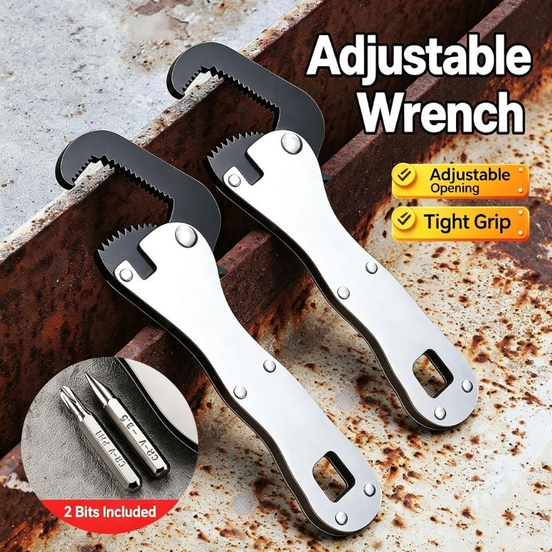Multipurpose Hand Tool with Adjustable Serrated Jaw, Two Screwdriver Inserts, and 13 cm Short Spanner Body for Household Repairs and Installation