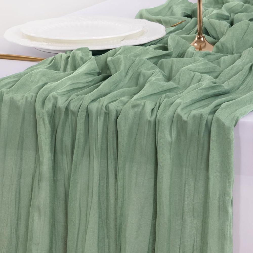 90*180CM Green Cheesecloth Table Long Runner Bohemian Gauze Tablecloth for Wedding Party Banquet Baby Bride Shower Home Decorati