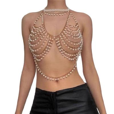 Womens Multi Layer Pearls Beaded Halter Neck Bra Crop Top Body Jewelry Chest Chain Camisole Nightlcub Raves Party Outfit
