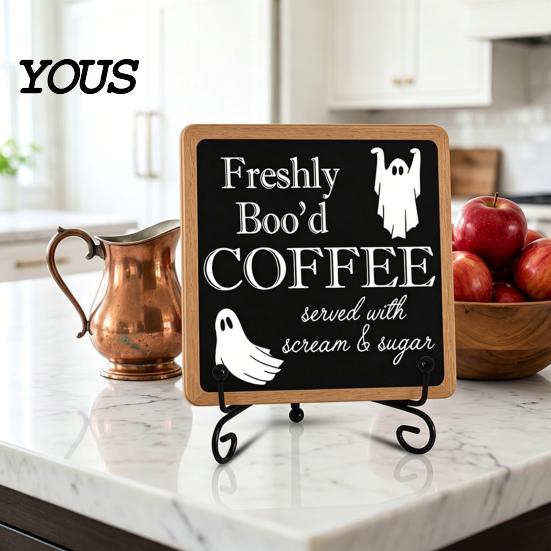 Decorative Signs with Metal Stands Halloween Coffee Bar Wooden Sign Iron Display Stand for Corner Kitchen Station Accessories Tabletop Decor,