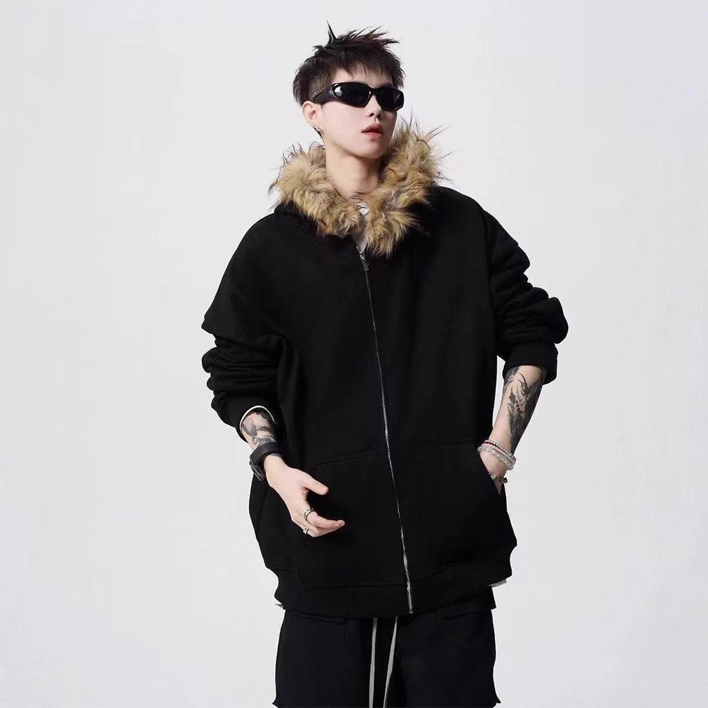 Unisex American Retro Fur Collar Hooded Cardigan