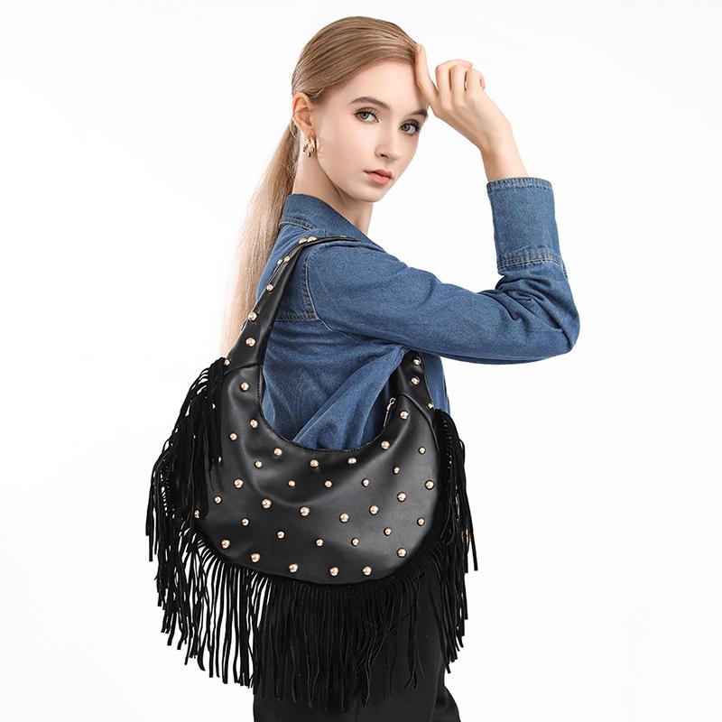Yogodlns Fashion Personality Women's Underarm Bag Retro Leather Texture Tassel Rivet Bag Versatile Simple Trend Shoulder Bag