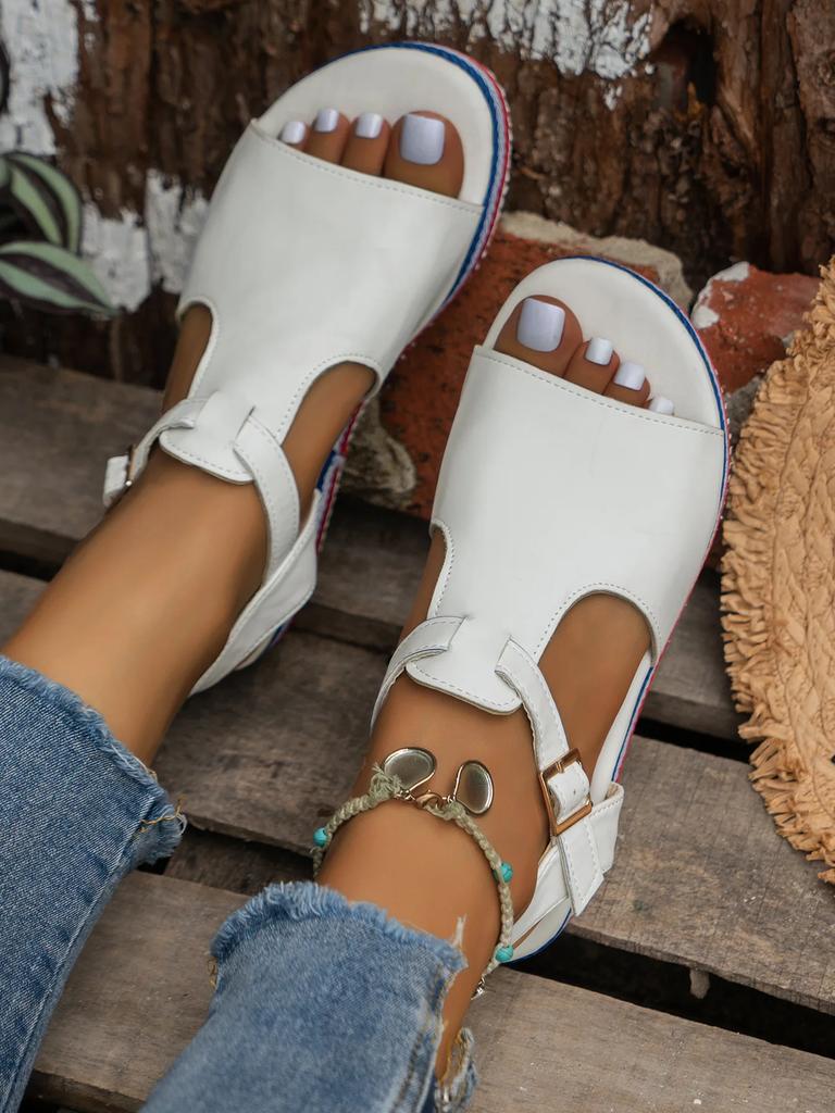 Thick Bottom Sandals Summer New Peep Toe Hollow Candy Color Metal Buckle Female Shoes Casual Beach Sandalias Mujer Romanas Shoes
