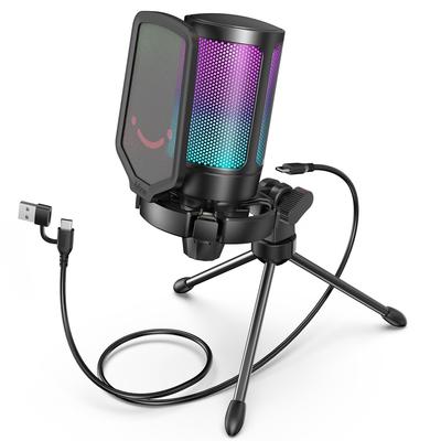 FIFINE USB Condenser Microphone with RGB Cardioid Polar Plug Microphone with To A Voice Live Web Compatible with and AmpliGame A6V Lighting, Pattern,
