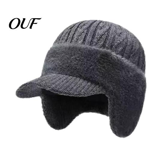 Warm Stretchy Visor Cap Winter Hat with Brim And Ear Flaps, Fleece Lined Knitted Hat, Sports for Hiking Fuzzy Men, Cold Weather Outdoor Cycling