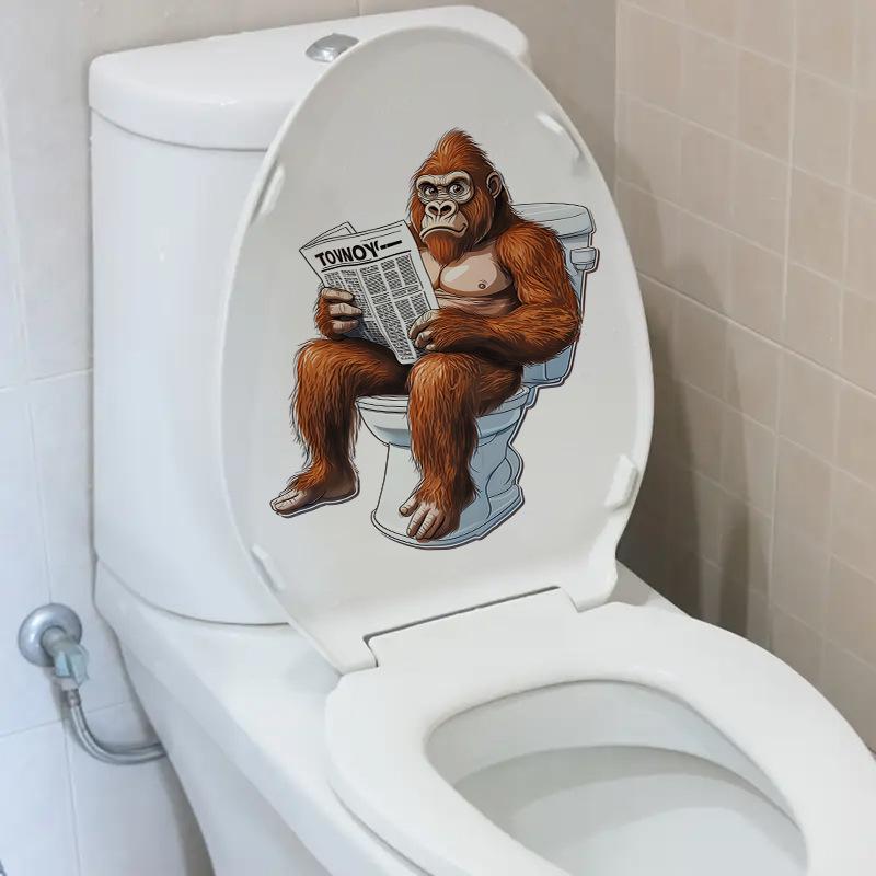 3D Funny Cartoon Gorilla Reading Newspaper Toilet Wall Sticker Self-Adhesive Waterproof Removable Bathroom Home Decor Art