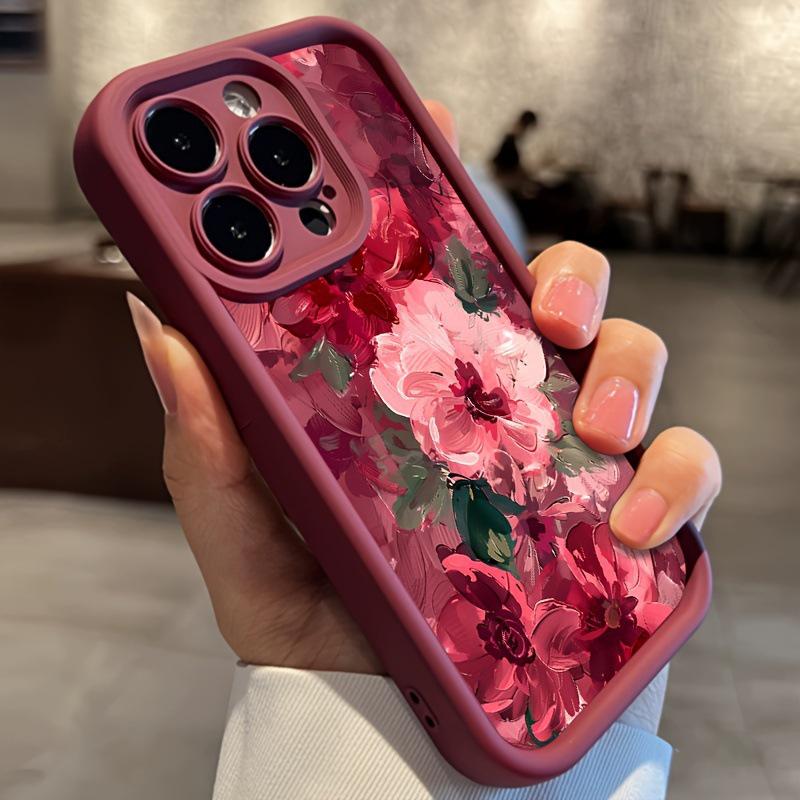 Rosa Blumenölmalerei Handyhülle, Kompatibel mit Apple 13, 15, 16 Pro Max, Sturzfest, Weiches Silikon, Mattes Finish.