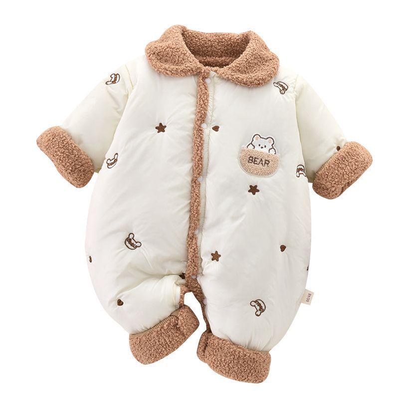 Cartoon Bear Fleece Baby Bodysuit - Warm Winter Outdoor Wear for Newborns
