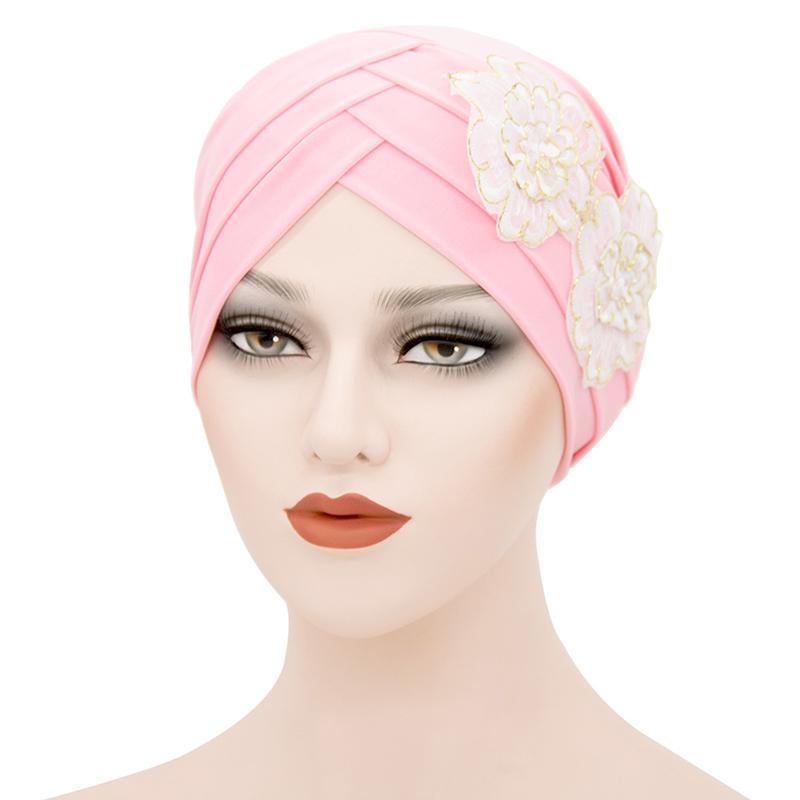 Fashion Ladies Forehead Cross Plum Blossom Hat Beanie Elastic Soft Top Hat Adult Women Milk Silk Flower Cap Muslim Turban
