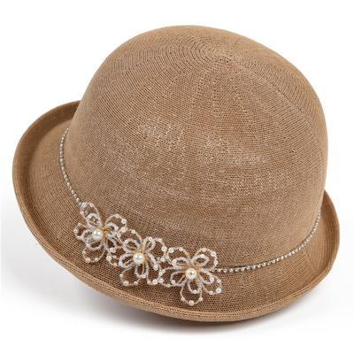 Curled Hemp Curved Fisherman'S Hat Children Summer High-Grade Pearl Flower Top Hat Thin Breathable Sunshade Basin Hat