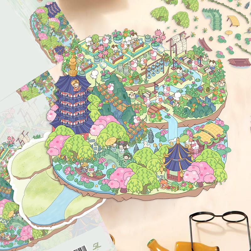 Cartoon Large Landscaped Xizi Lakeside Scene Sticker 3D Miniature World Unzipped DIY Scene Account