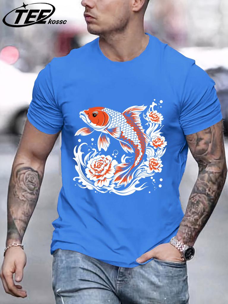 Japanese Harajuku Creative Lotus Koi Pattern TShirt Mens Summer Soft T Shirts Cotton Retro Sportswear Unisex Hip Hop Clothes