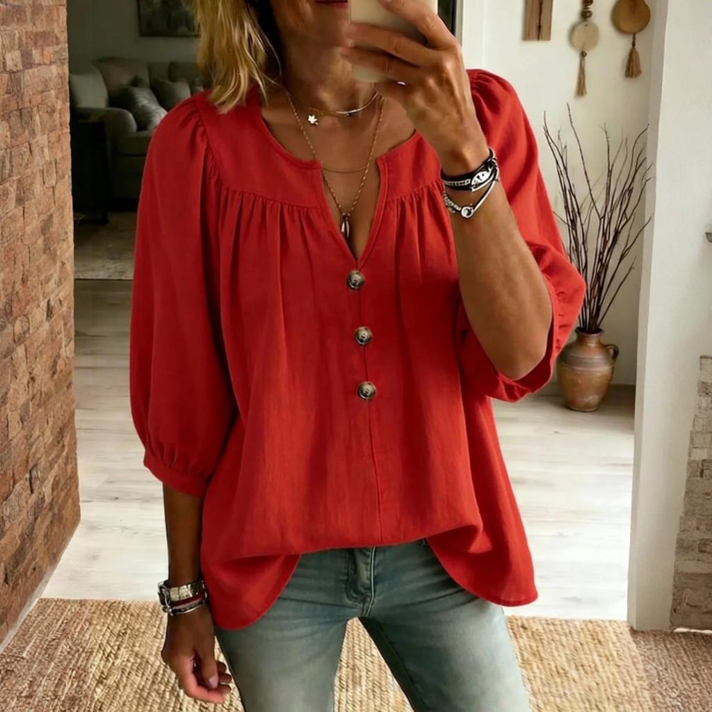Women's Cotton And Linen Three-quarter Sleeve Button Casual Loose T-shirt
