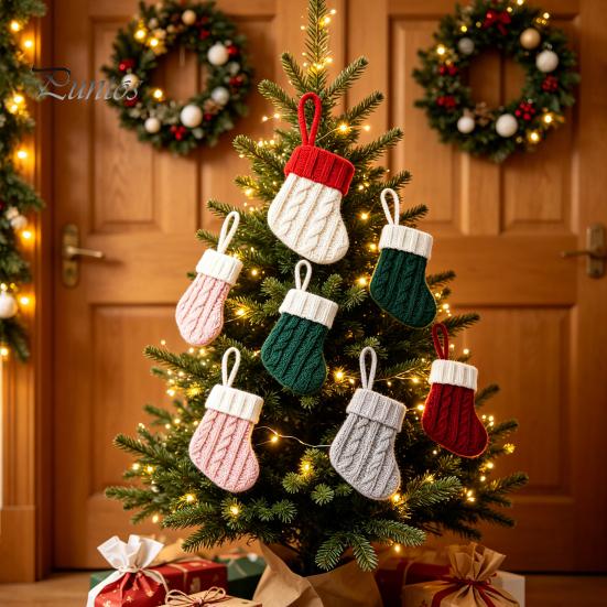 Xmas Tree Hanging Decorations Christmas Tableware Holder, Knitted Stockings Spoon Knife Fork Decorative Pendants for Trees Bag Fireplace, Tree,