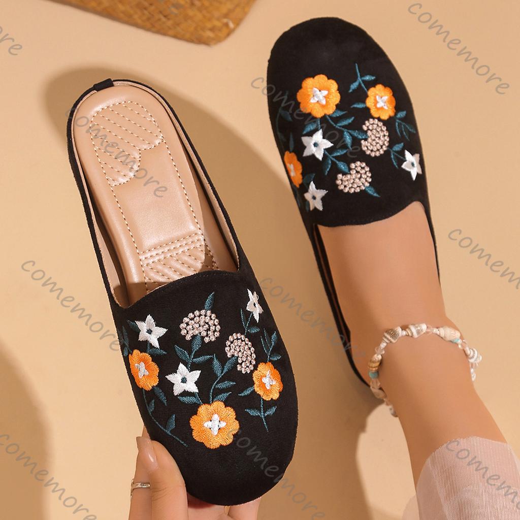 Fashion Comemore Slippers Women 2025 Spring Summer New Ethnic Style Embroidery Mules Half Slipper Casual Flat Bottom Baotou Slides Shoes