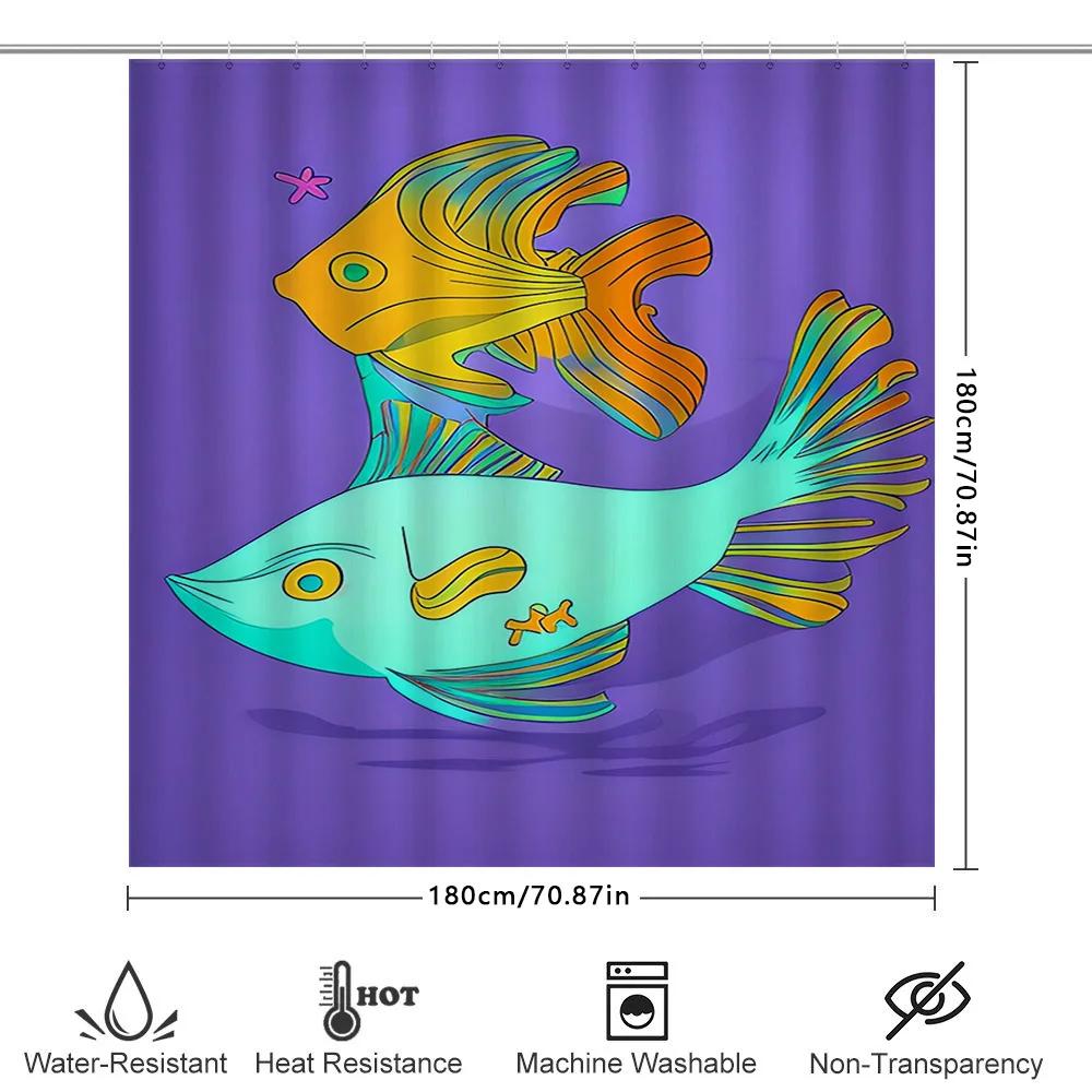 Vibrant Fish Print Shower Curtain Setpurple Background With Orange, Green Blue Tails Decorative Bathroom Fabric Window Treatment