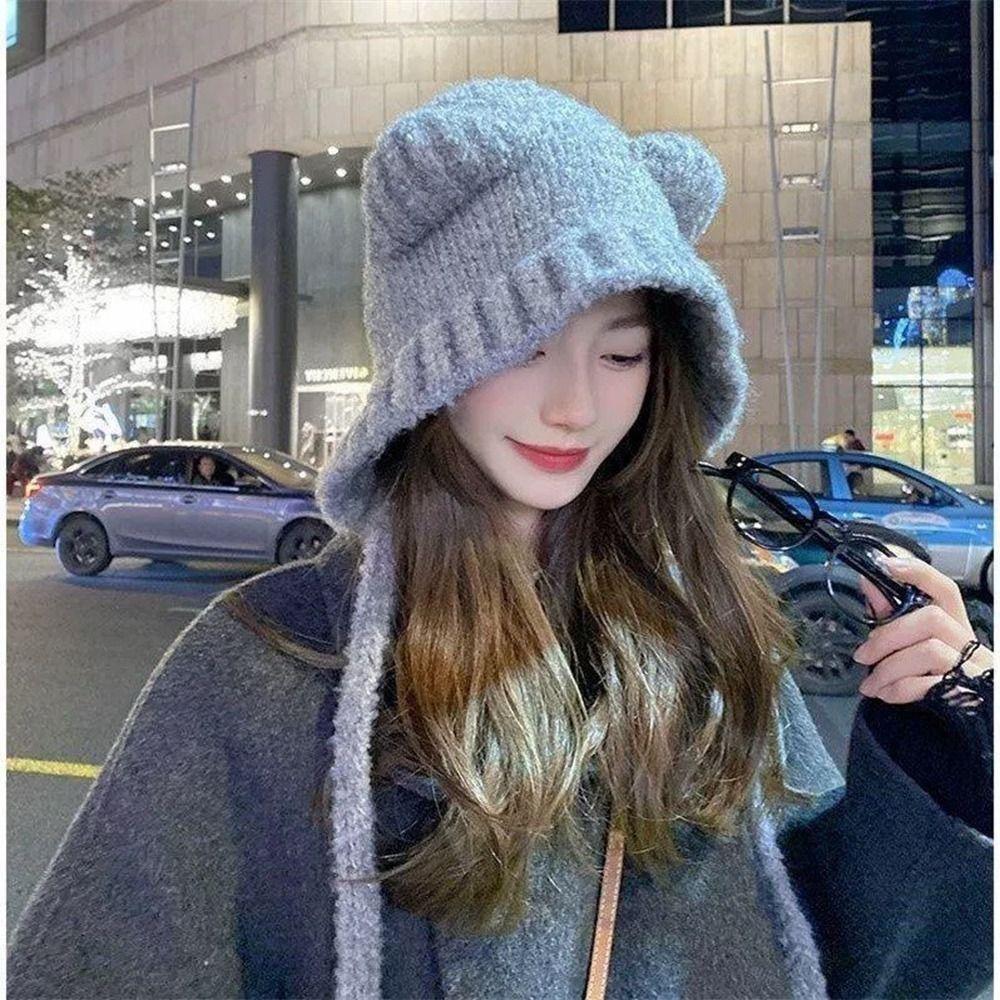 Cute Lambhair Bear Ear Hat Warm Y2K Beanies Caps Fashion Plush Knitted Bear Hat  Girls