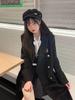 Women's Japanese Style Black Double-Breasted Woolen Coat - Mid-Length, Autumn/Winter 2025 Collection.