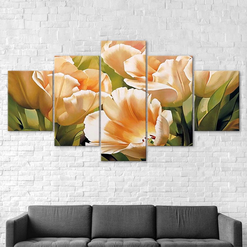 Champagne Tulips Flowers 5 Piece Five Panel Wall Canvas Print Modern Art Poster Picture Home Decor Gift For Him For Her