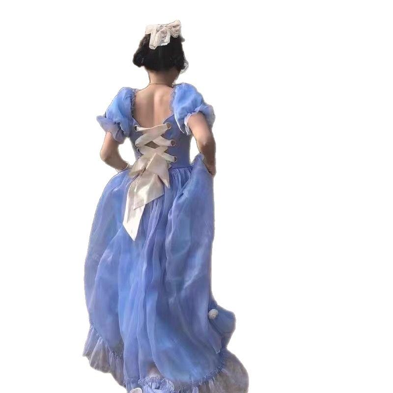 Summer blue dress design back bow waist court style first love retro gentle women's dress