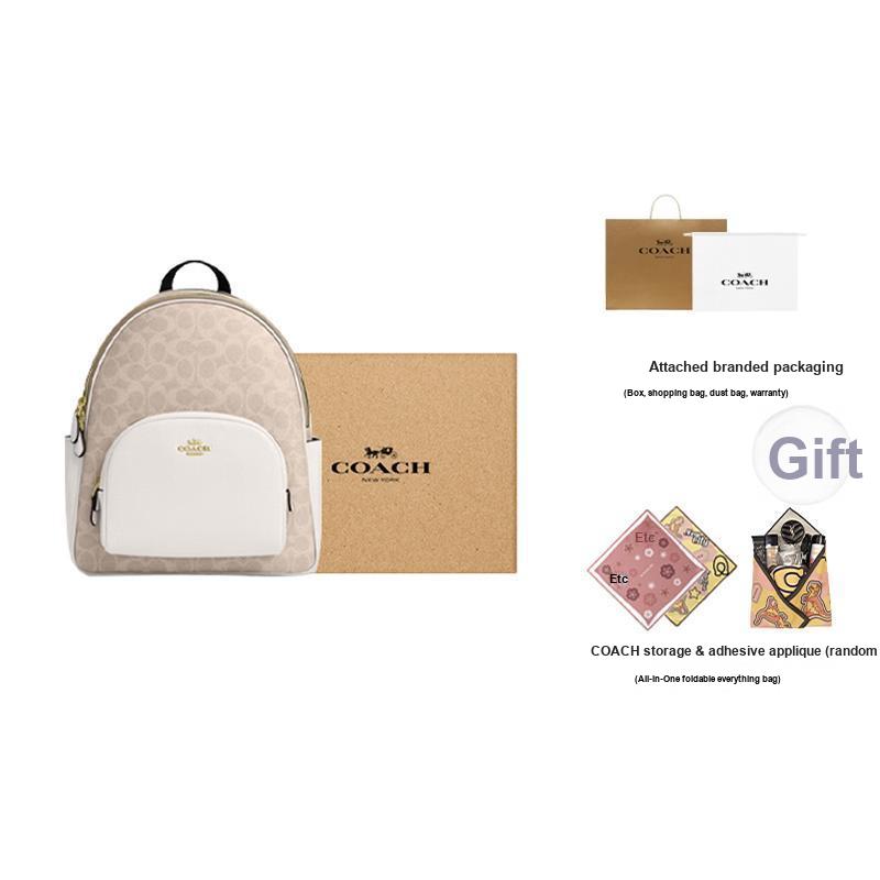 Coach Court 27 Logo Reißverschluss Beschichtetes Canvas Rucksack Großer Damenrucksack Gold Sand Kreide CZ176-IMXDM