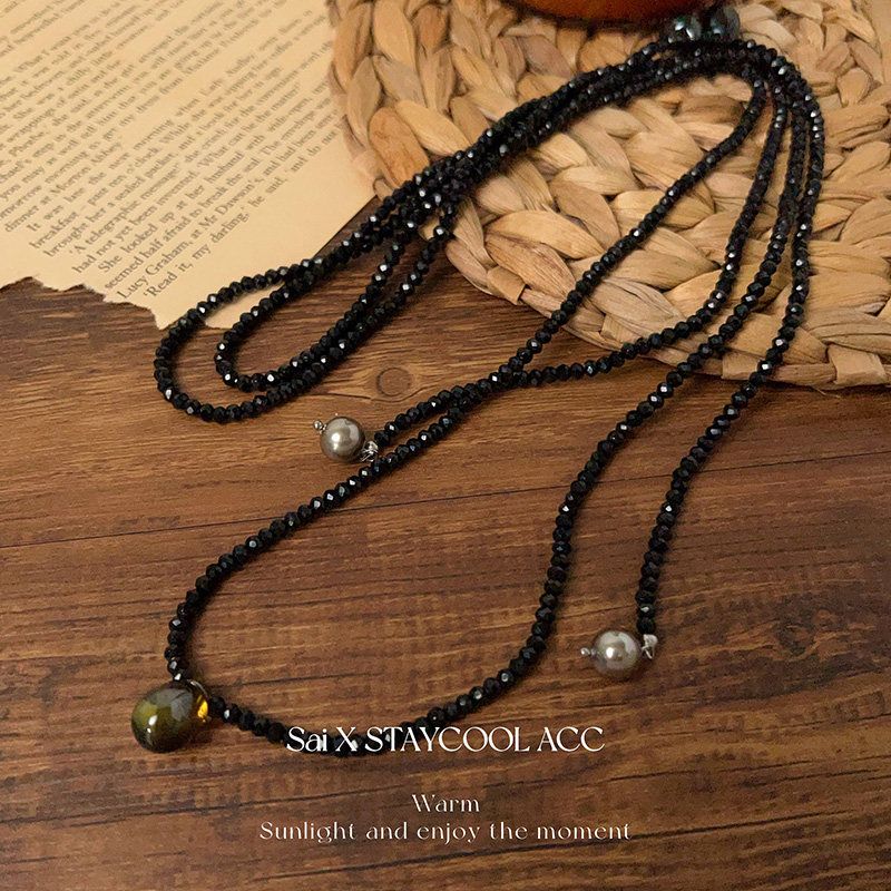 INS Retro Style Crystal Glass Women s 134cm Necklace Black