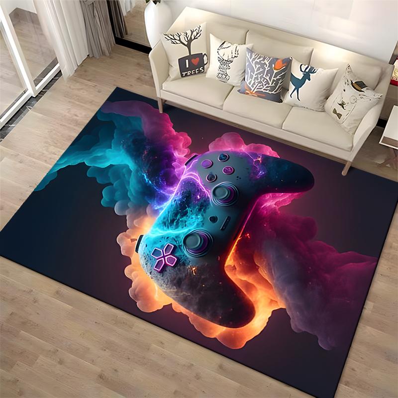 Gaming Controller Design Rug with Neon Colors and Abstract Smoke Pattern Suitable for use as an anti-slip for living room bedroom sofas