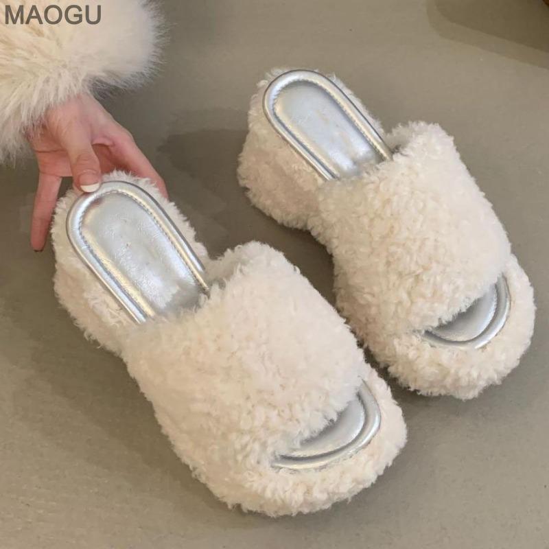 Women's Open Toe Platform Slide Sandals Chunky Heel Summer Fur Flip Flops Fashion Height Increasing Casual Shoes Pantuflas Mujer