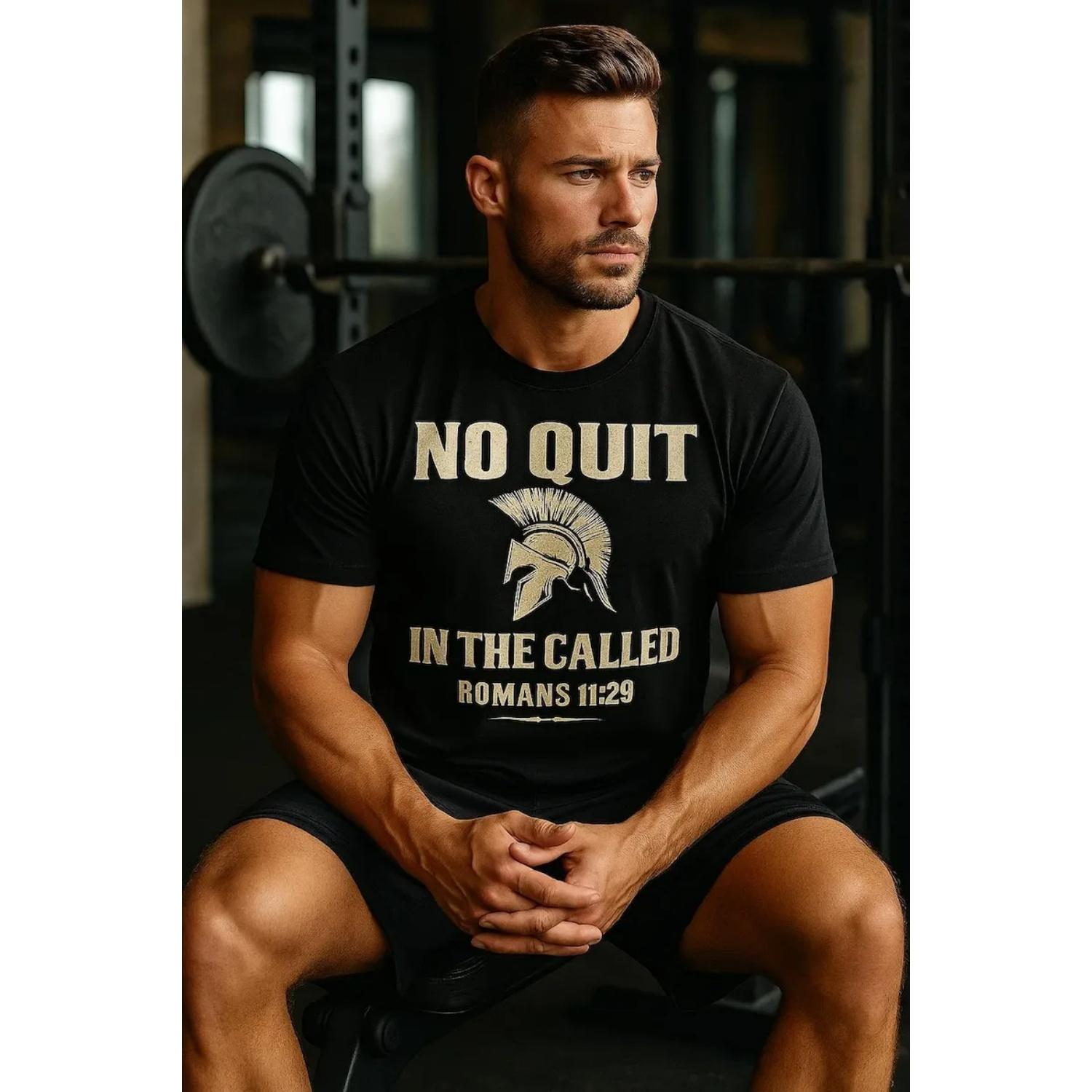 

No Quit in the Called Christian T-Shirt Romans 11_29 Spartan Helmet Faith Shirt for Men Bold Christian Gym Tee S чёрный