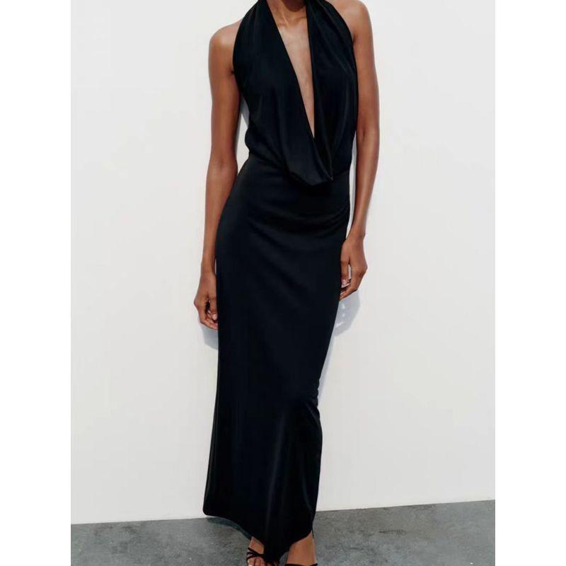 Za2024 Summer New Product Women's Clothes Sexy Open Back Ruched Hanging Collar Dress Long Skirt 3152242 800