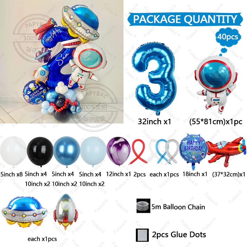 Astronaut Rocket Balloon Blue Space Theme 32inch Number Balloon Set Birthday Party Decoration Children's Baptismal Balloon Gifts