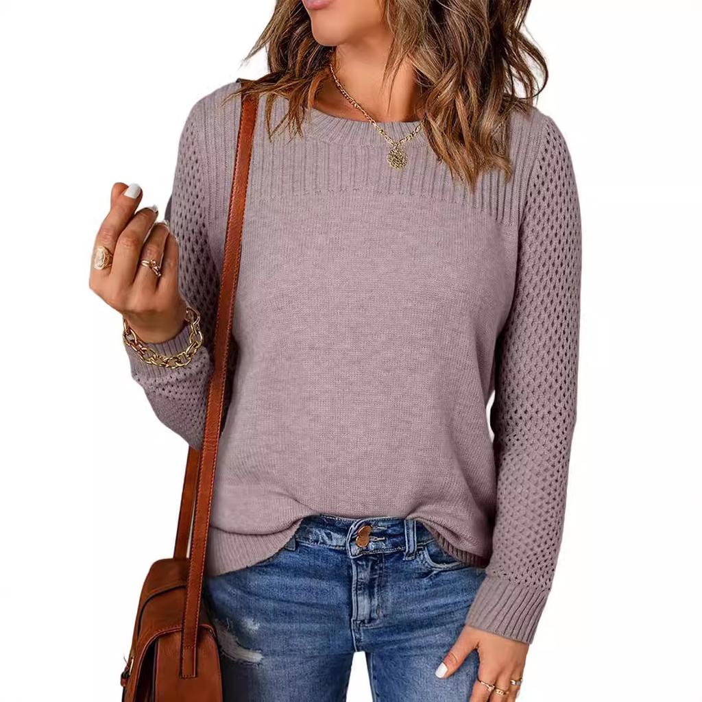 Autumn Winter Women's Round Neck Long Sleeve Solid Colour Knitwear Ribbed Openwork Base Layer Sweater Luxurious Relaxed-fit Slimming and Versatile Top