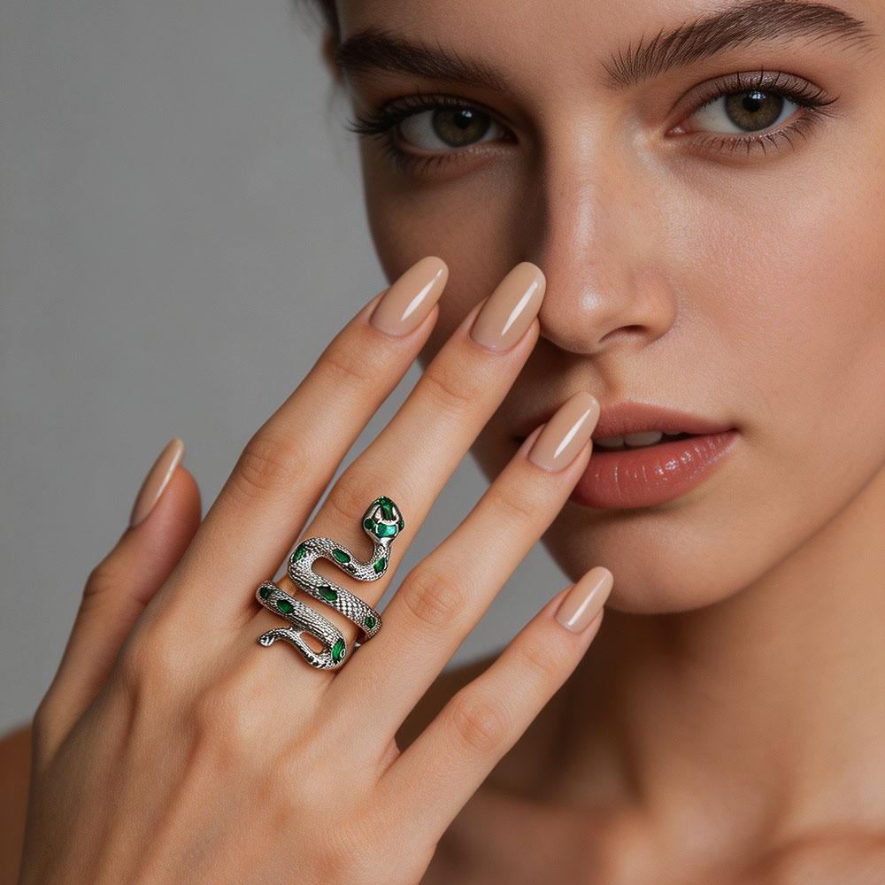 Snake Shaped Open Ring For Women Men Vintage Green Enamel Zircon Irregular Adjustable Finger Rings Jewelry