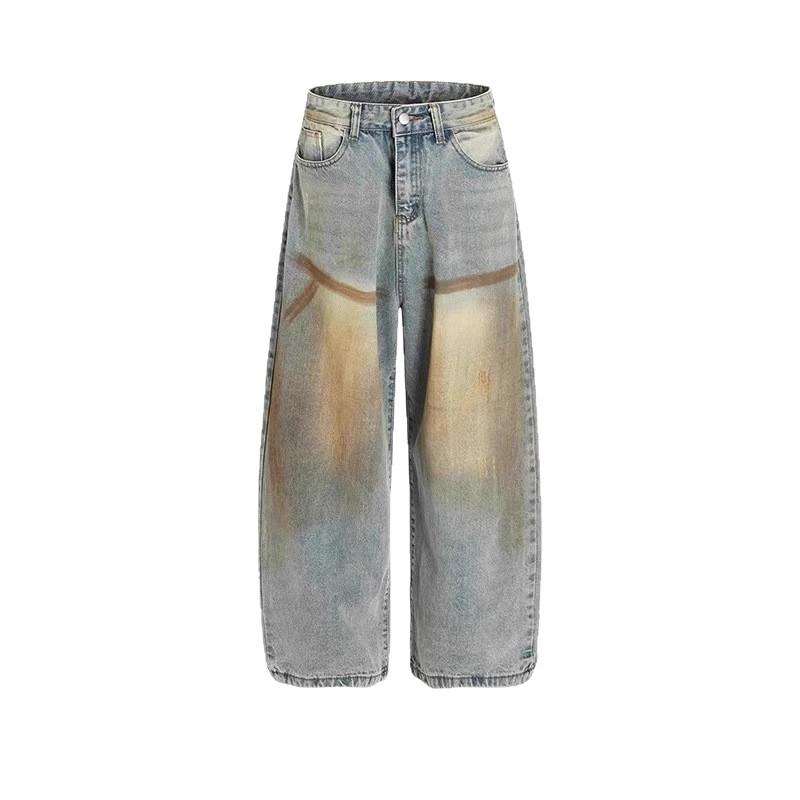 Jeans de pierna ancha teñidos con barro amarillo retro americano para hombres y mujeres holgados callejeros sueltos rectos pantalones casuales de pareja moda