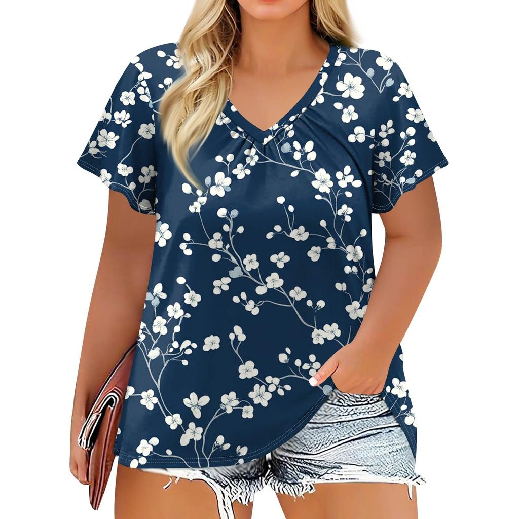 Women's Fashion Casual Printed  V-Neck Short Sleeve Large Size T-Shirt Top