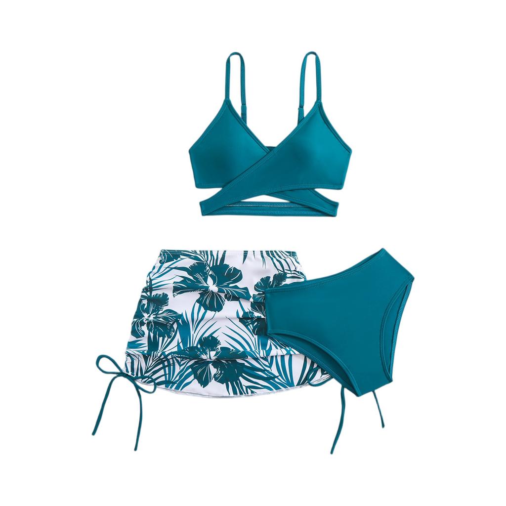 Piger To-delt Badedragt Sæt Tre-delt Tankini Bikini med Justerbare Stropper og Skørt Cover-up til Sommer Strand Pool Vandaktiviteter